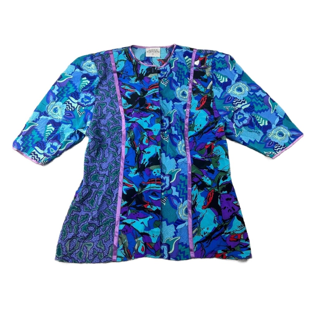 Vintage Maggie Shepherd Blouse Women M Multi Color Abstract Button Front Artsy